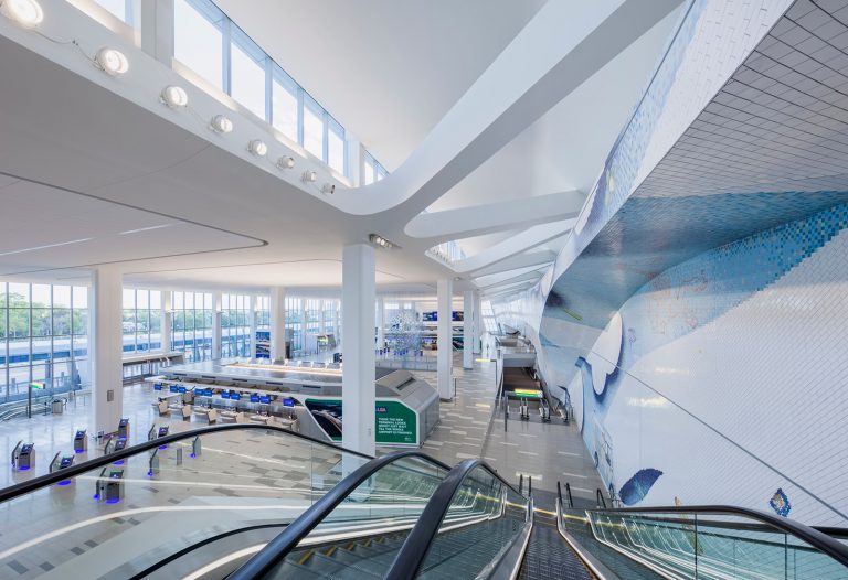 LaGuardia Airport Terminal B interior, part of the terminal project for which Goldstick Studio provided lighting engineering services.