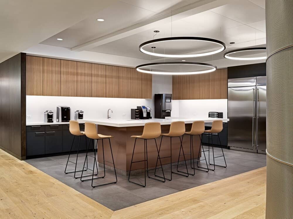 Medical Service room with delicate circular lighting above work tables.