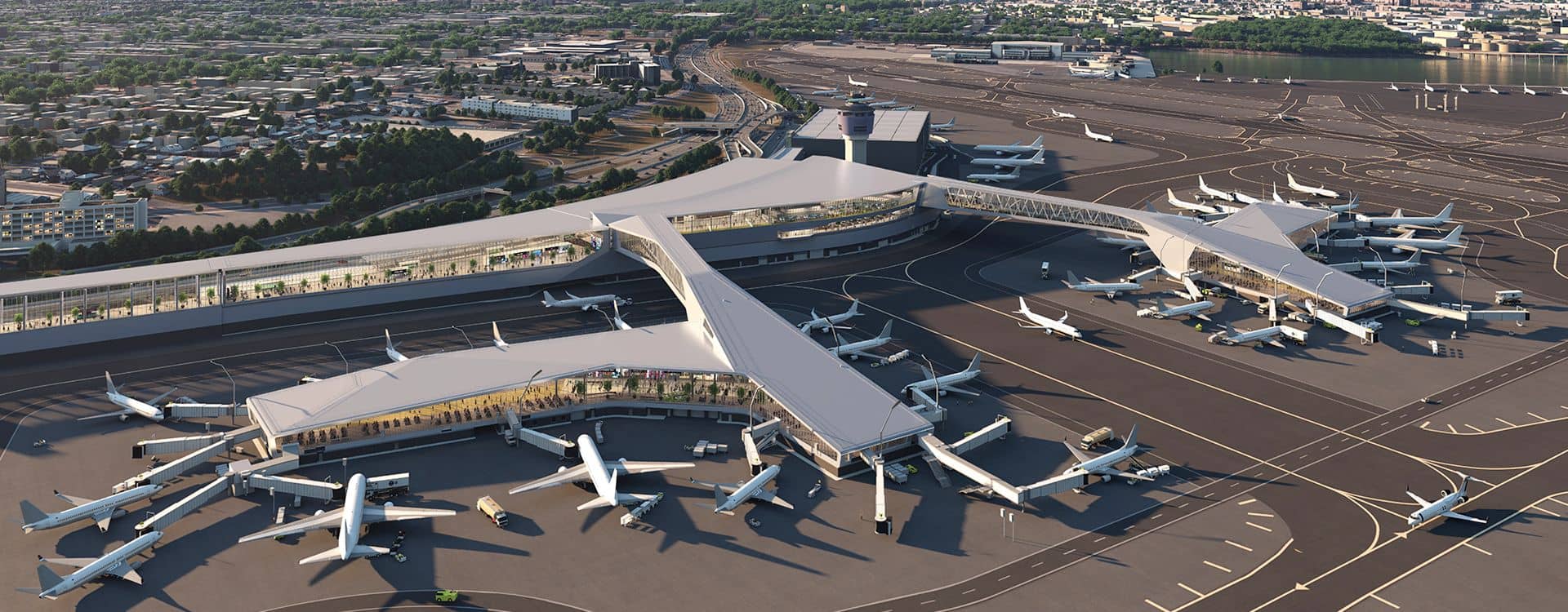 Arial view of airport terminal, naturally lit.