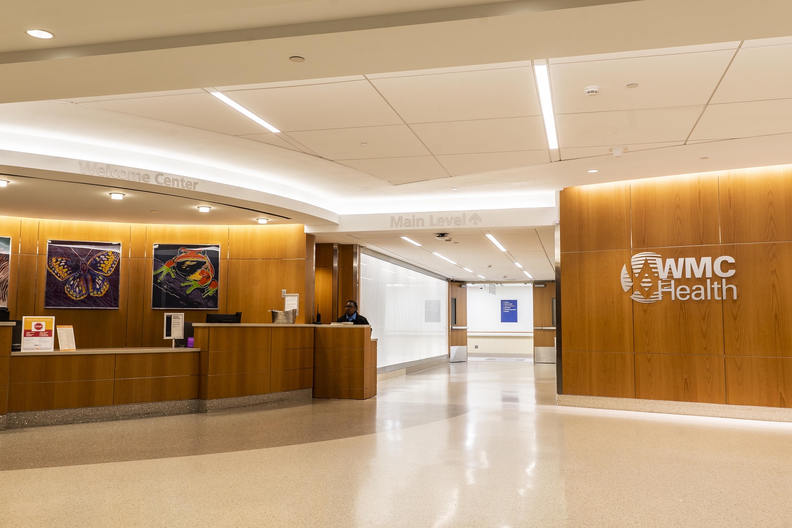 Westchester Medical Center Ambulatory Care Pavilion lobby with integrated linear ceiling lighting and illuminated architectural coves.