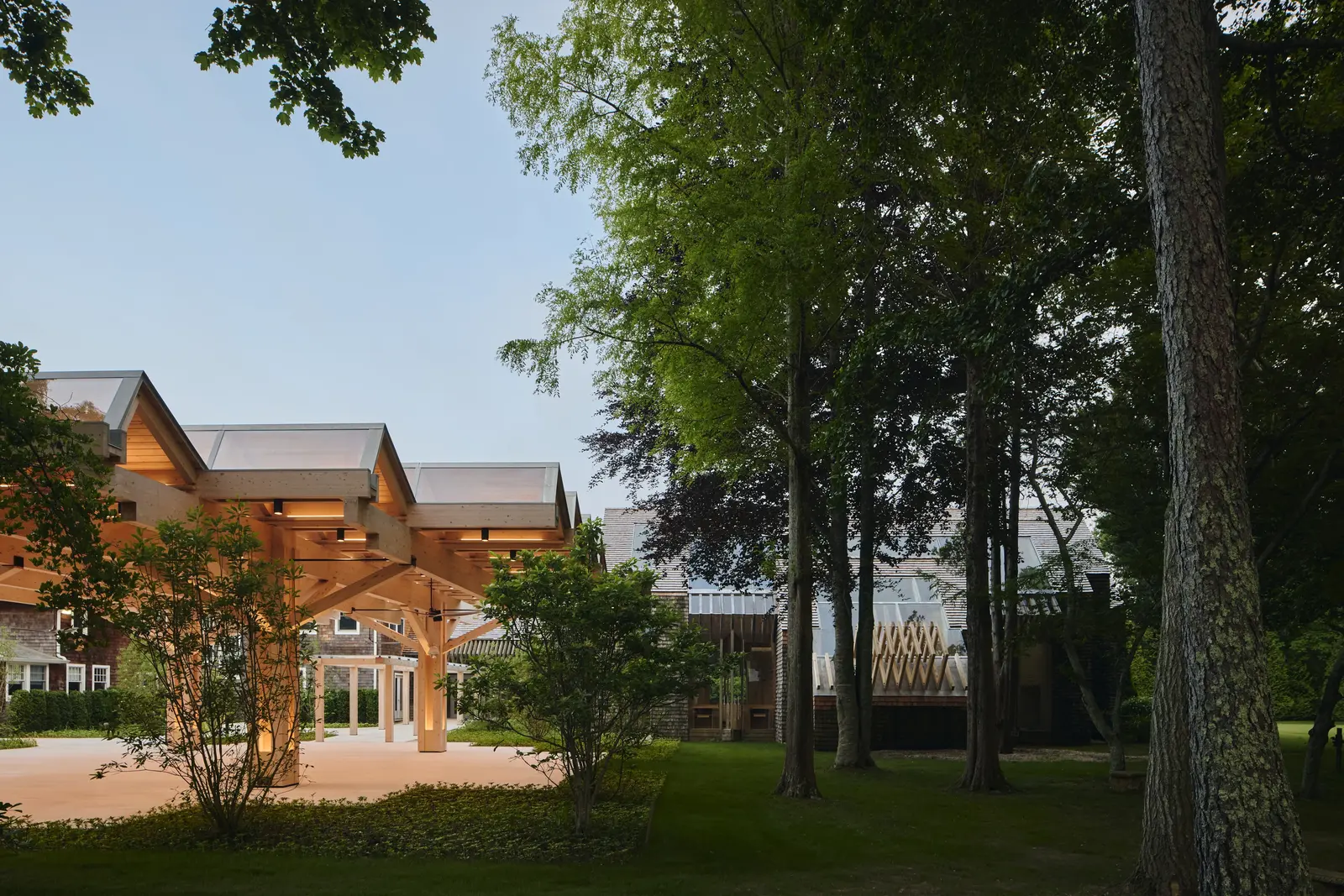 Illuminated timber pergola integrated into the surrounding landscape at dusk.