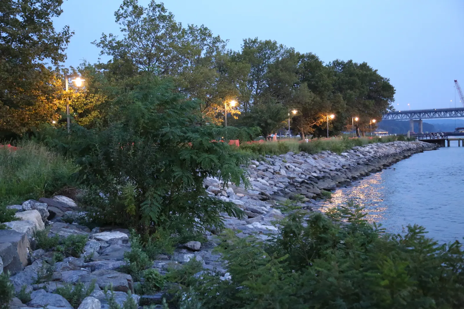 Pedestrian lighting along the Hudson River waterfront at Hudson RiverWalk Park at Tarrytown.