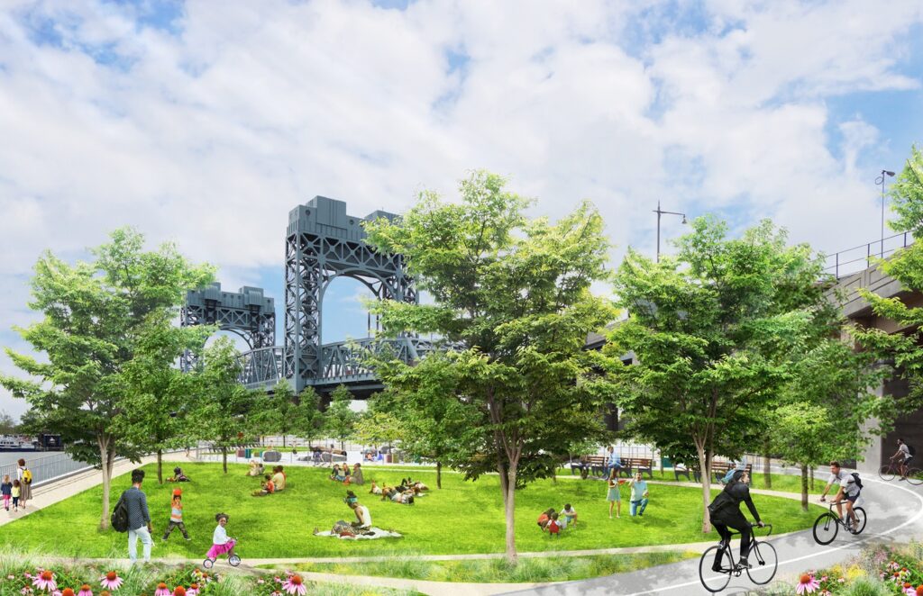 Rendering of the Manhattan Greenway showing a landscaped pedestrian and bicycle path with integrated park lighting.