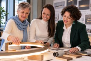 Goldstick Studio Leadership Team reviewing mockup light fixture.