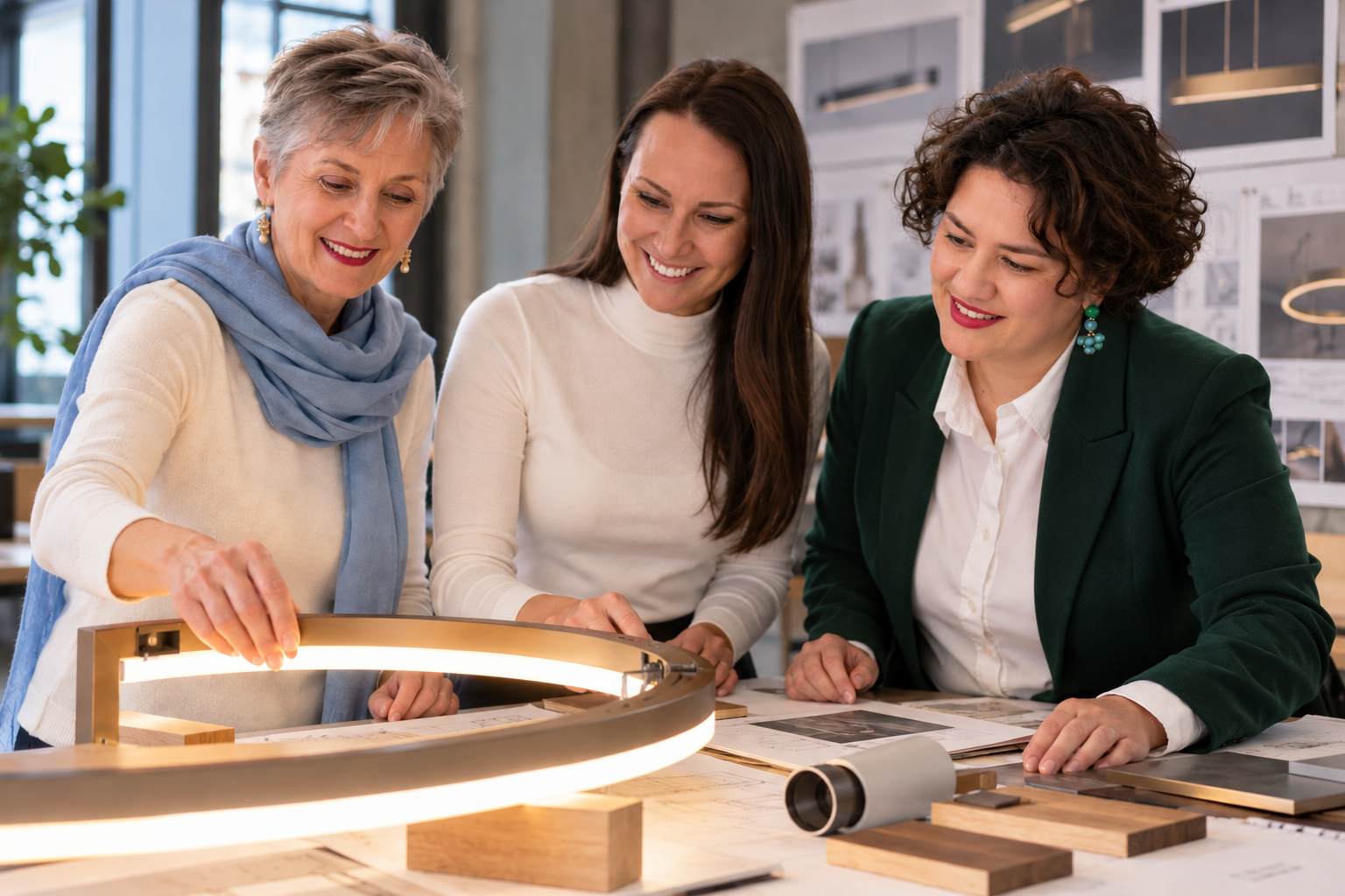 Goldstick Studio Leadership Team reviewing mockup light fixture.