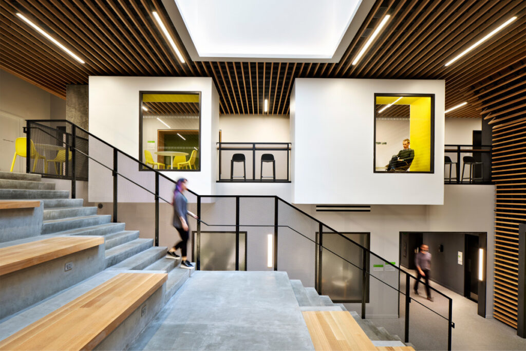 Chestnut Commons multi-level gathering space with integrated linear lighting and skylight cove detail