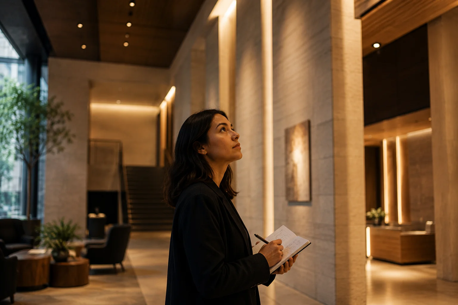 A woman in a dark blazer stands in an upscale building lobby with stone walls and warm accent lighting, looking upward while writing notes in a notebook, with a staircase, seating area, and potted plants visible in the softly lit background.