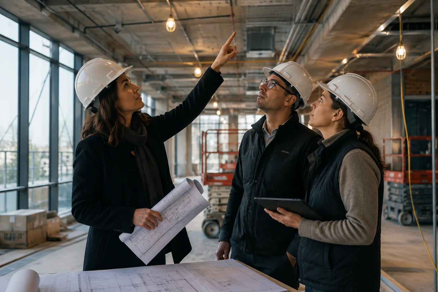 Three people in white hard hats stand at an unfinished construction site with exposed ceiling infrastructure and floor-to-ceiling windows; a woman on the left points upward while holding rolled blueprints, as a man and woman beside her look up, the woman holding a tablet, with unrolled plans on a table in the foreground.