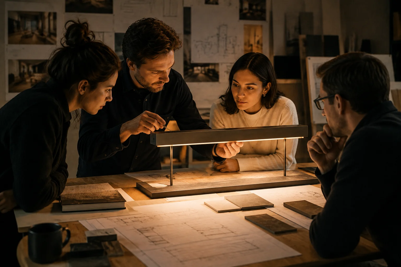 Four people gather closely around a illuminated architectural model or lighting fixture sample on a worktable scattered with material swatches, blueprints, and a mug, in a dimly lit studio covered with mood board images and sketches, with one man adjusting the lit fixture while the others look on intently.