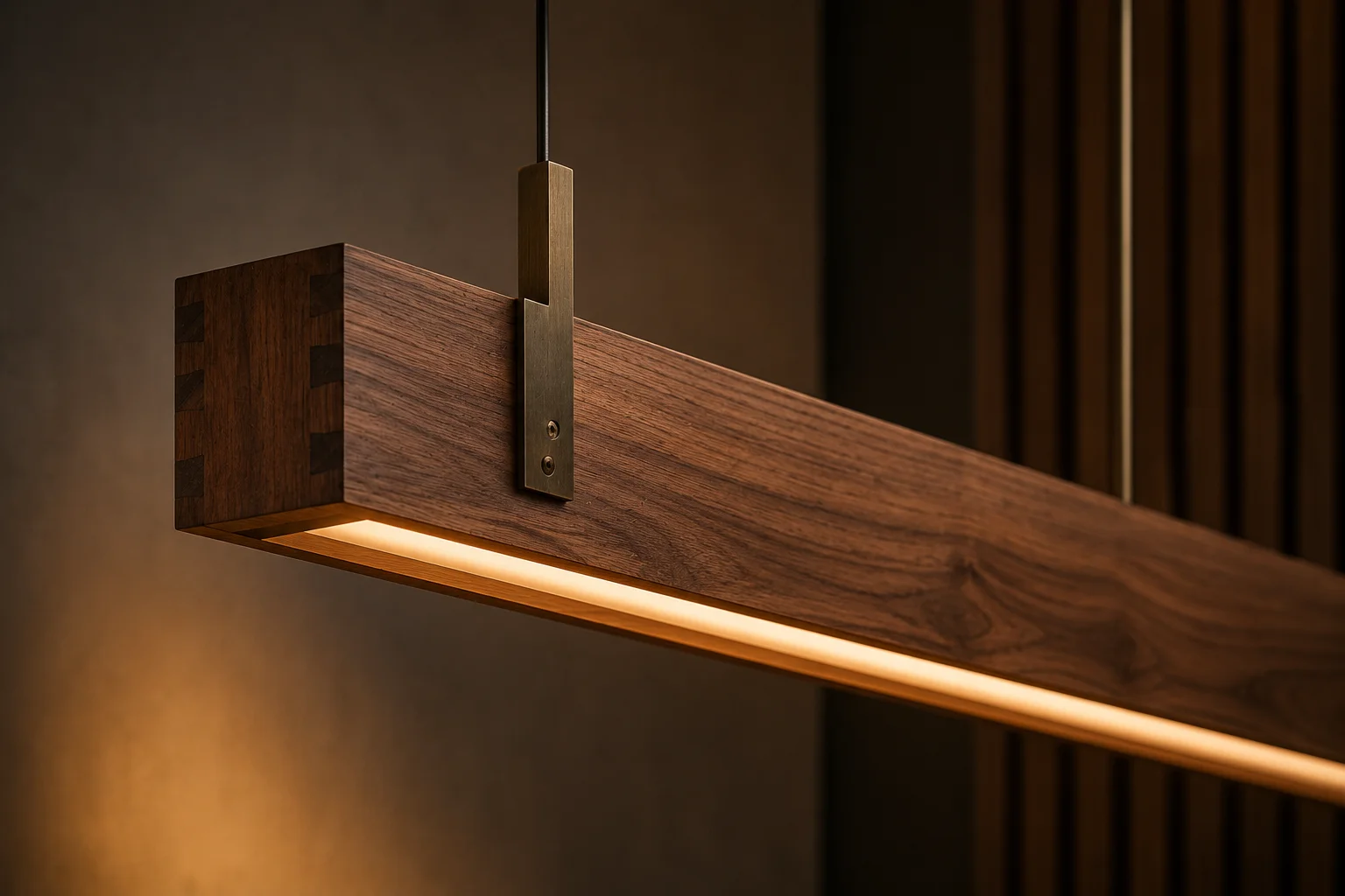 Close-up of a wood-clad linear pendant light with visible dovetail joinery at the end and a brass mounting bracket, glowing with a warm LED strip along its underside, suspended above a room with wood-slat paneling in the background.