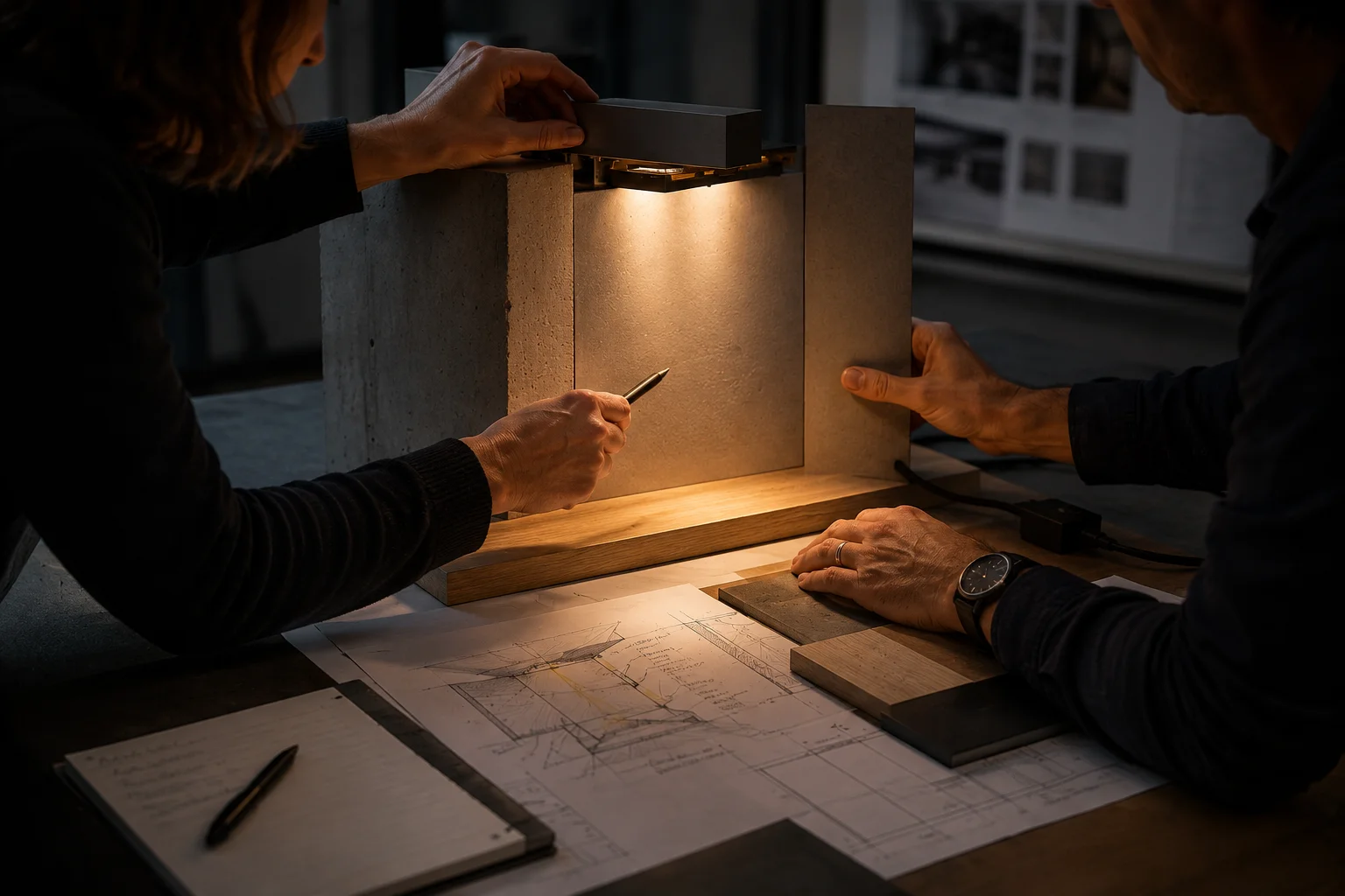 Two people's hands work on a small architectural lighting mockup made of concrete and wood blocks with a warm light glowing between them, positioned over blueprints, material swatches, and a notepad on a dark studio table.