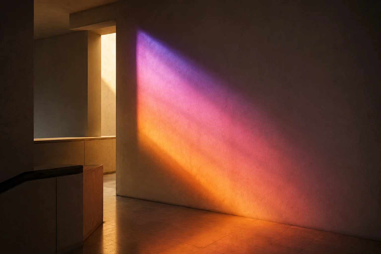 A diagonal beam of colorful light — shifting from purple through pink to orange — cast across a plain textured wall in a dim minimalist interior, with a warmly lit doorway and built-in bench visible to the left.