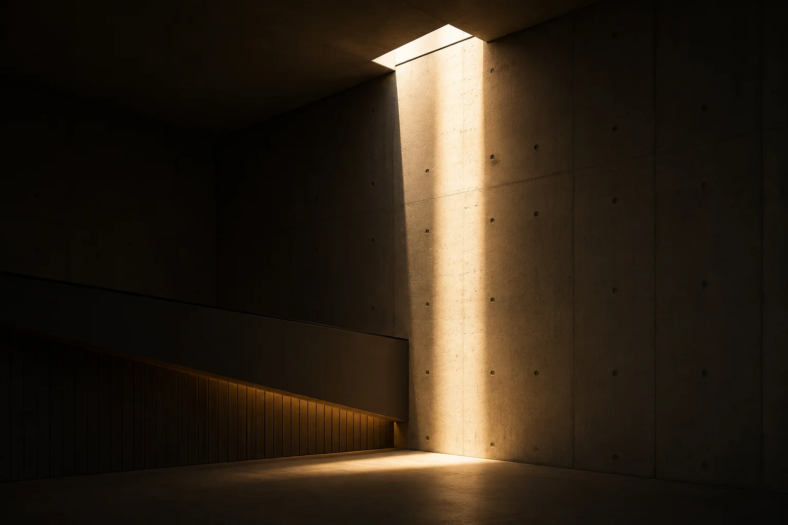 Dark, moody architectural interior showing a vertical shaft of warm light illuminating a ribbed concrete wall, with a wood-paneled staircase railing leading into the shadows in the foreground.