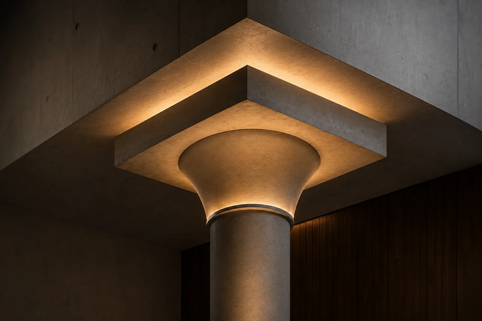 Upward view of a round concrete column capital with integrated uplighting, casting warm light along its square ceiling collar and curved underside against a dark concrete ceiling and wood paneling.