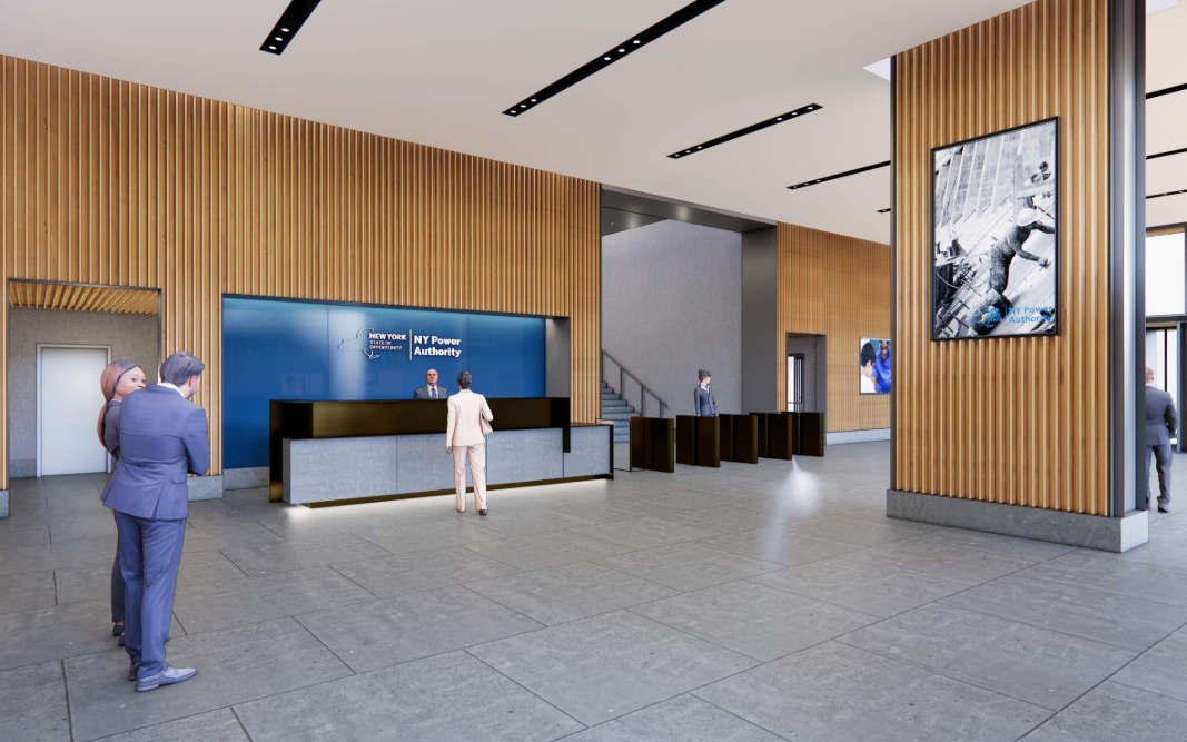 Render of office lighting design for NYPA Headquarters lobby in White Plains, NY